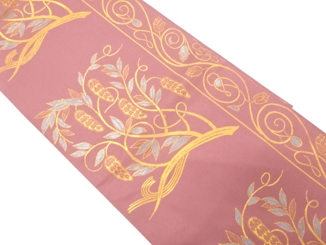 縞に枝葉模様織り出し袋帯